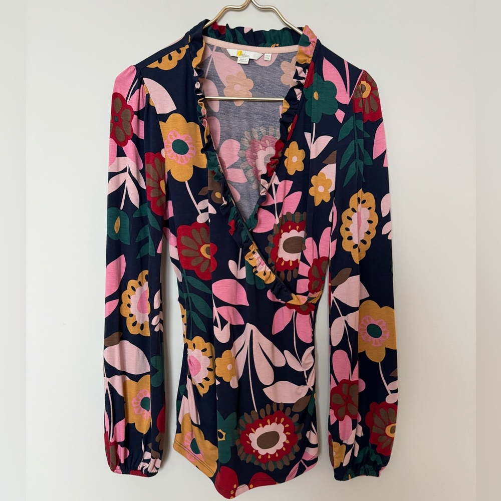 Beautiful Boden Cross-Body Top. Navy with multi-color pattern. Great top!